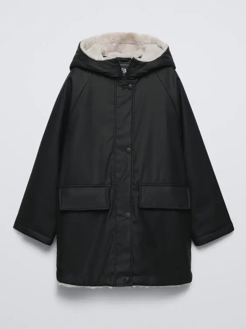 Zara Black Hooded Rubberized Coat with Cream Faux Fur Lining